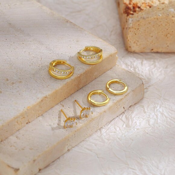 3 Pairs Gold Earrings for Women, Risamil Dainty Small Gold Earring Set 14K Gold - Picture 7 of 8